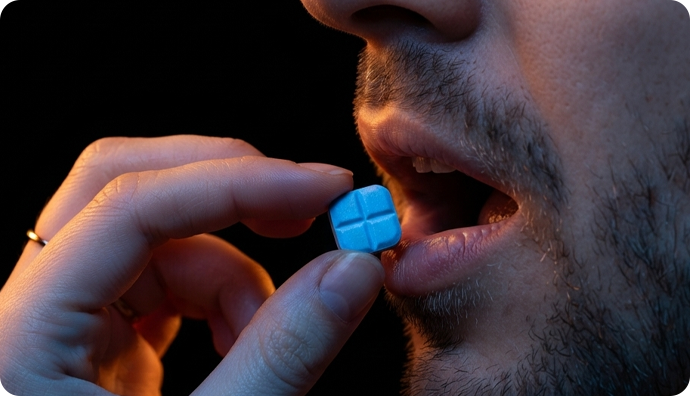 Hard Chews Now chewable troche shown beside conventional ED pills